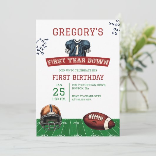 1年目のダウンサッカーの最初の誕生日 招待状 (スタンド正面)