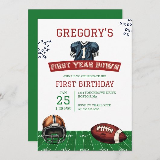 1年目のダウンサッカーの最初の誕生日 招待状 (正面/裏面)