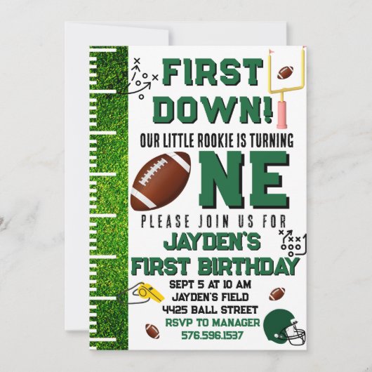 1年目のダウンサッカーテーマ男の子の誕生日パーティー 招待状 (正面)