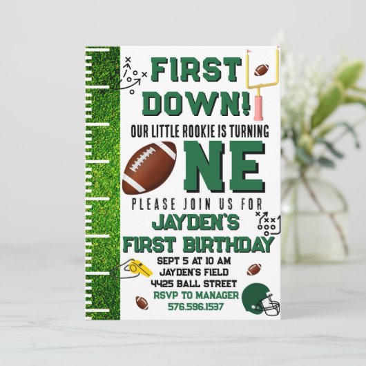 1年目のダウンサッカーテーマ男の子の誕生日パーティー 招待状 (スタンド正面)