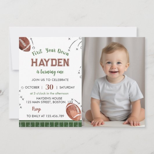 1年目のダウンサッカー誕生日写真招待状 招待状 (正面)