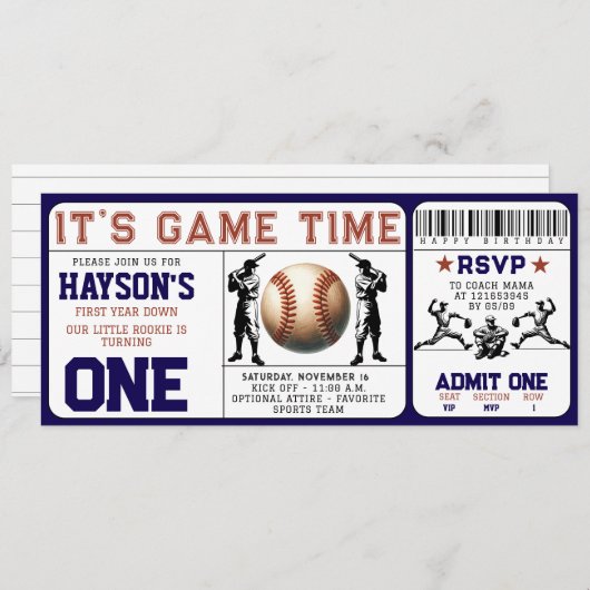 1年目のダウン野球チケット1回目の誕生日 招待状 (正面/裏面)