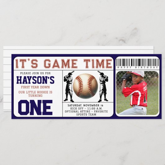 1年目のダウン野球チケット1回目の誕生日 招待状 (正面/裏面)