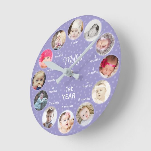 1年目の写真ガールパープル水玉模様子供部屋 ラウンド壁時計 (傾斜)