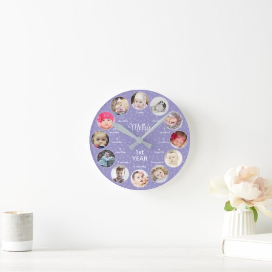 1年目の写真ガールパープル水玉模様子供部屋 ラウンド壁時計 (ホーム)