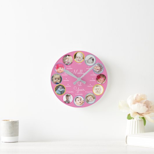1年目の写真赤ちゃんガール子供部屋 ラウンド壁時計 (ホーム)