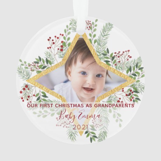 1年目の祖父母の金ゴールドとフローラクリスマス オーナメント (裏面)