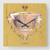 1年目の記結婚念紙金ゴールドハート スクエア壁時計 (正面)