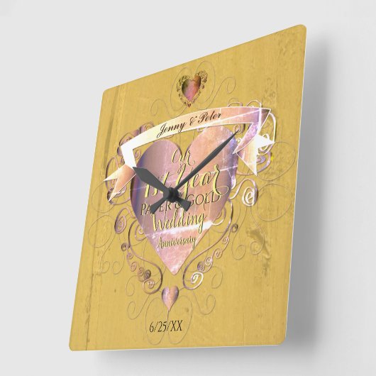 1年目の記結婚念紙金ゴールドハート スクエア壁時計 (傾斜)