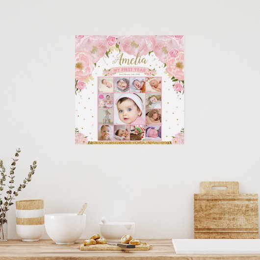 1年目の誕生日フォトマイルストーンコラージスクエア ポスター (キッチン)