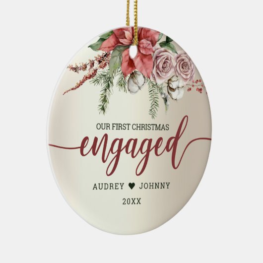 1年目の赤い婚約したポインセチアフローラクリスマス セラミックオーナメント (右)