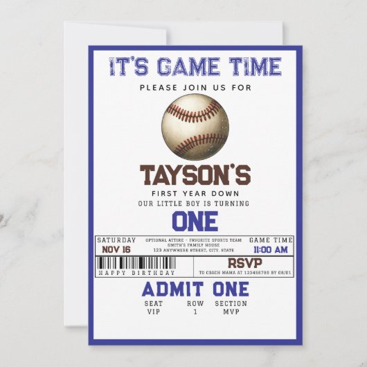 1年目を終えた野球の誕生日 招待状 (正面)