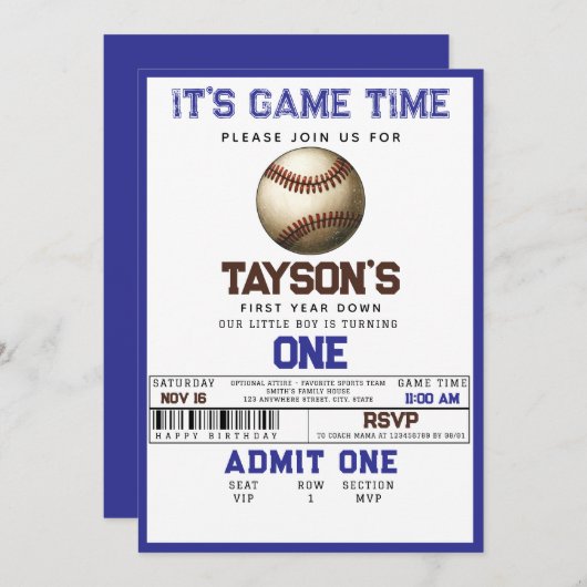 1年目を終えた野球の誕生日 招待状 (正面/裏面)