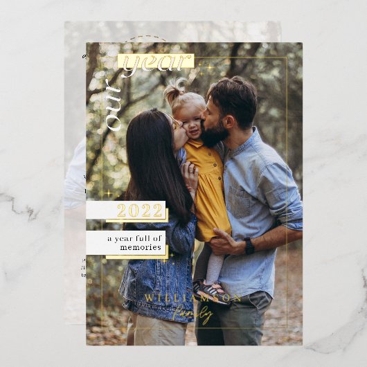 1年目を迎える家族の写真1年目を思い出いっぱいの 箔シーズンカード (正面/裏面)