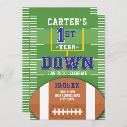 1年目ダウンサッカーテーマボーイズ最初の誕生日 招待状 (正面/裏面)