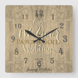 1年目結婚の紙&金ゴールドスクエアワル スクエア壁時計