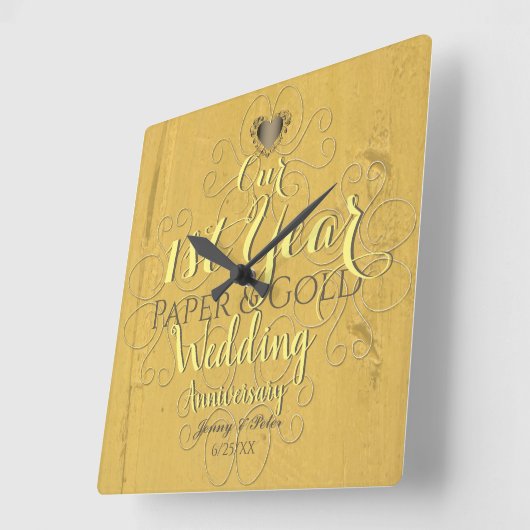 1年目結婚の紙&金ゴールド スクエア壁時計 (傾斜)