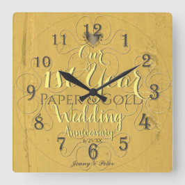 1年目結婚の紙&金ゴールド スクエア壁時計