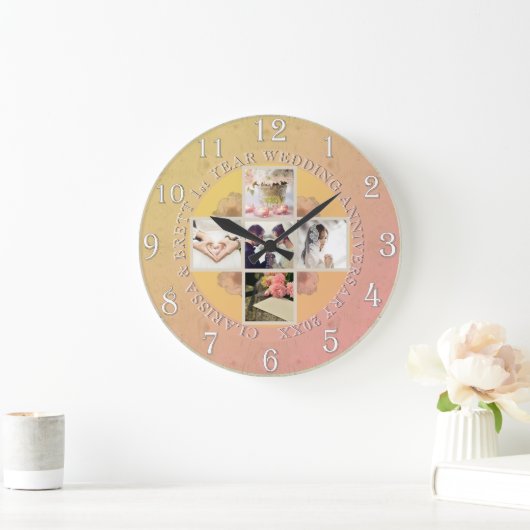 1年目結婚の記念写真5枚イエローラウンド ラージ壁時計 (ホーム)