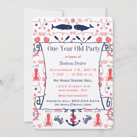 1年航海の前誕生日コーラルネイビー 招待状 (正面)