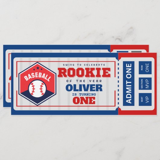 1年連続の野球チケット誕生日 招待状 (正面/裏面)