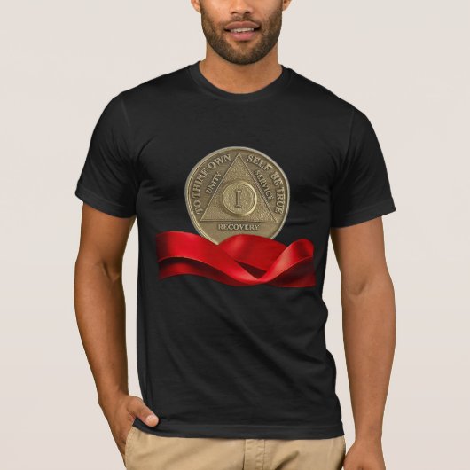 1年間の断酒リカバリー記念コイン 赤いリボン Tシャツ (正面)