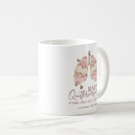 1年間の禁煙引用文(ピンク色のフローラ肺) コーヒーマグカップ (正面右)