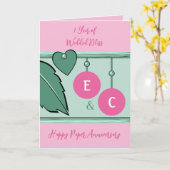 1年間の紙記念日イニシャルグリーンピンク カード (黄色い花)