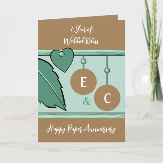 1年間の紙記念日イニシャルグリーンブラウン カード (正面)