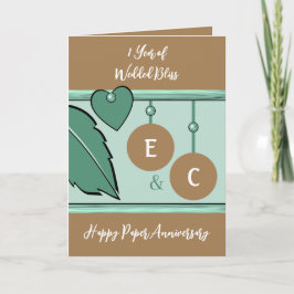 1年間の紙記念日イニシャルグリーンブラウン カード