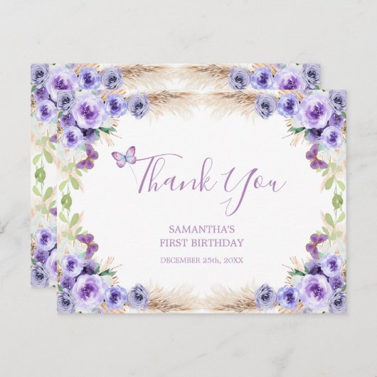 1年間フラッティンバタフライファースト誕生日フローラ サンキューカード (正面/裏面)