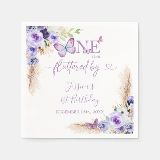 1年間フラッティンバタフライファースト誕生日紙 スタンダードカクテルナプキン (正面)