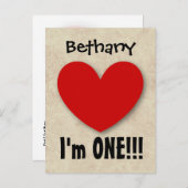 1年1歳の誕生日ビッグ赤いハートA07E 案内ポストカード (正面/裏面)