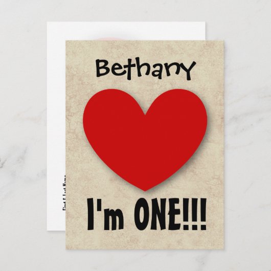 1年1歳の誕生日ビッグ赤いハートA07E 案内ポストカード (正面/裏面)