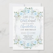 1恋しく思ダーフル赤ちゃんブルー金ゴールドフローラ1st誕生日 招待状 (正面)