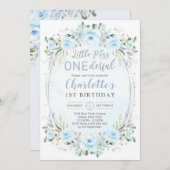 1恋しく思ダーフル赤ちゃんブルー金ゴールドフローラ1st誕生日 招待状 (正面/裏面)