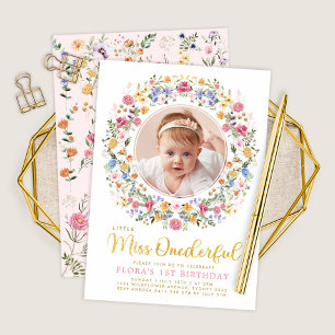 1恋しく思Derful Wildflowerリースフォト誕生日 招待状