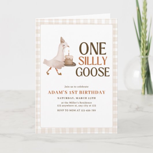 1才の誕生日おめでとう！「One Silly Goose」男の子用バースデー招待状 招待状 (正面)