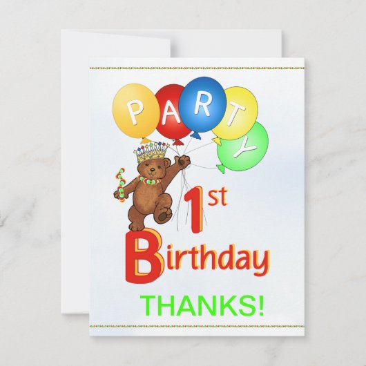 1日目の誕生日パーティーベアありがとう 招待状 (正面)