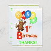 1日目の誕生日パーティーベアありがとう 招待状 (正面/裏面)