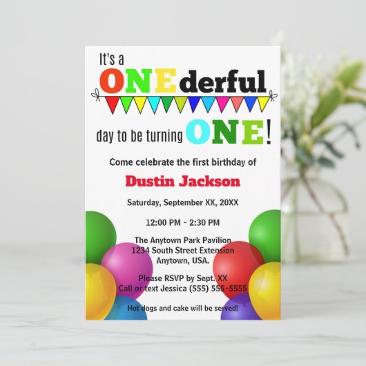 1日限りの明るい風船の最初の誕生日 招待状 (スタンド正面)