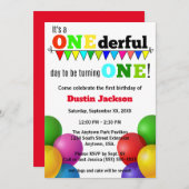 1日限りの明るい風船の最初の誕生日 招待状 (正面/裏面)