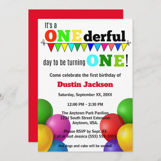 1日限りの明るい風船の最初の誕生日 招待状 (正面/裏面)