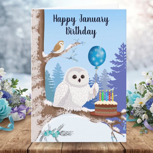 1月の誕生日おめでとう　雪のフクロウとケーキ カード