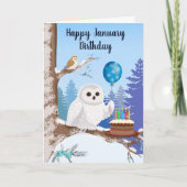 1月の誕生日おめでとう　雪のフクロウとケーキ カード (正面)