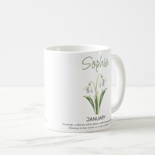 1月パーソナライズされた誕生花 コーヒーマグカップ (正面右)