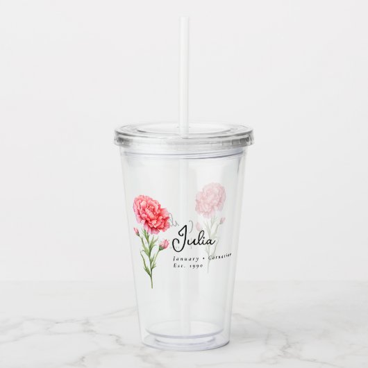 1月誕生月フラワーカーネーションパーソナライズされた アクリルタンブラー (正面)