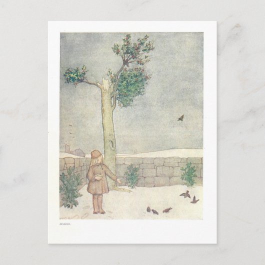 1月食べ物を与えの鳥ヴィンテージイラストレーション ポストカード (正面)