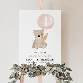 1月1日の誕生日ベアーピンクバルーン歓迎サイン ポスター