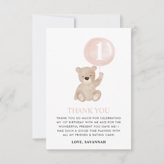 1月1日の誕生日ベアーピンクバルーン サンキューカード (正面)
